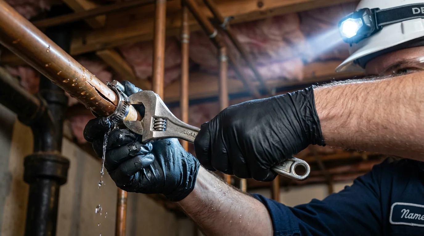 Emergency pipe clamp repair being performed by a Johns Plumbing LLC plumber in Hastings