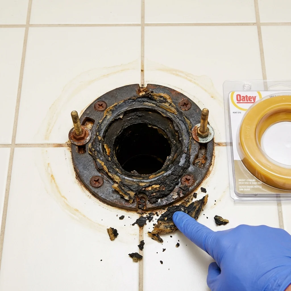 Failed wax ring showing water seepage at the base of a toilet in a Hastings, MI home