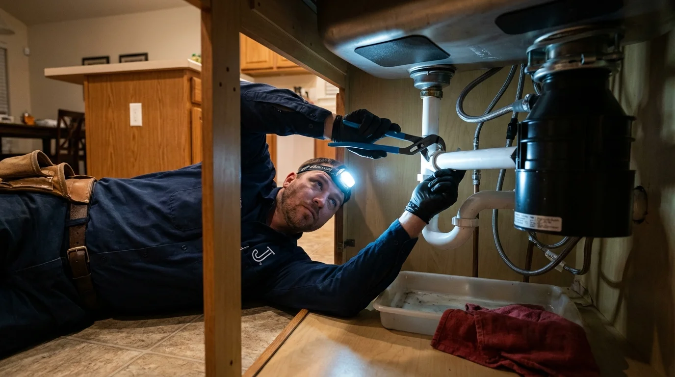 P-trap and supply line connections under a kitchen sink showing a common leak point in Hastings, MI